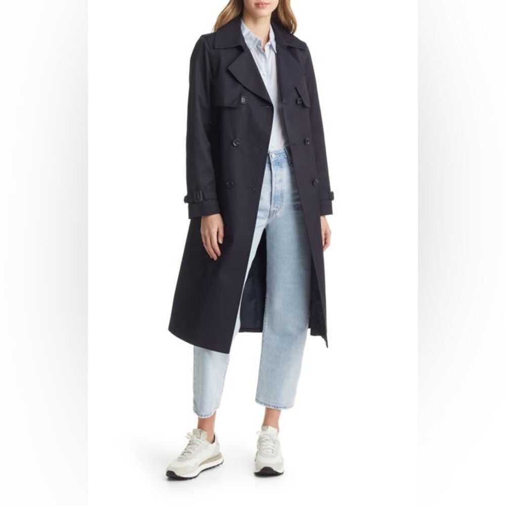 UTY Apparel Long Trench Coat Dark Blue Double Breasted Self Tie Lined Size 14
